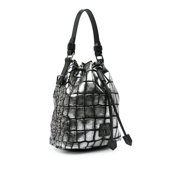 Tom Ford Metallic Croc Embossed Leather Drawstring Bucket Bag Silver Hot on Sale