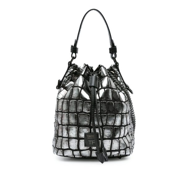 Tom Ford Metallic Croc Embossed Leather Drawstring Bucket Bag Silver Hot on Sale