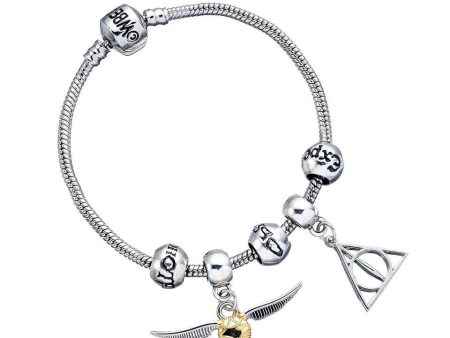 Harry Potter Silver Plated Bracelet with three Spell beads, Deathly Hallows & Snitch Charms- HP0090 Supply