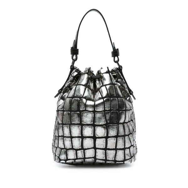 Tom Ford Metallic Croc Embossed Leather Drawstring Bucket Bag Silver Hot on Sale