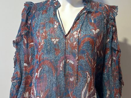 Ulla Johnson Red and Teal Floral Lurex ruffle blouse Size 2 For Cheap